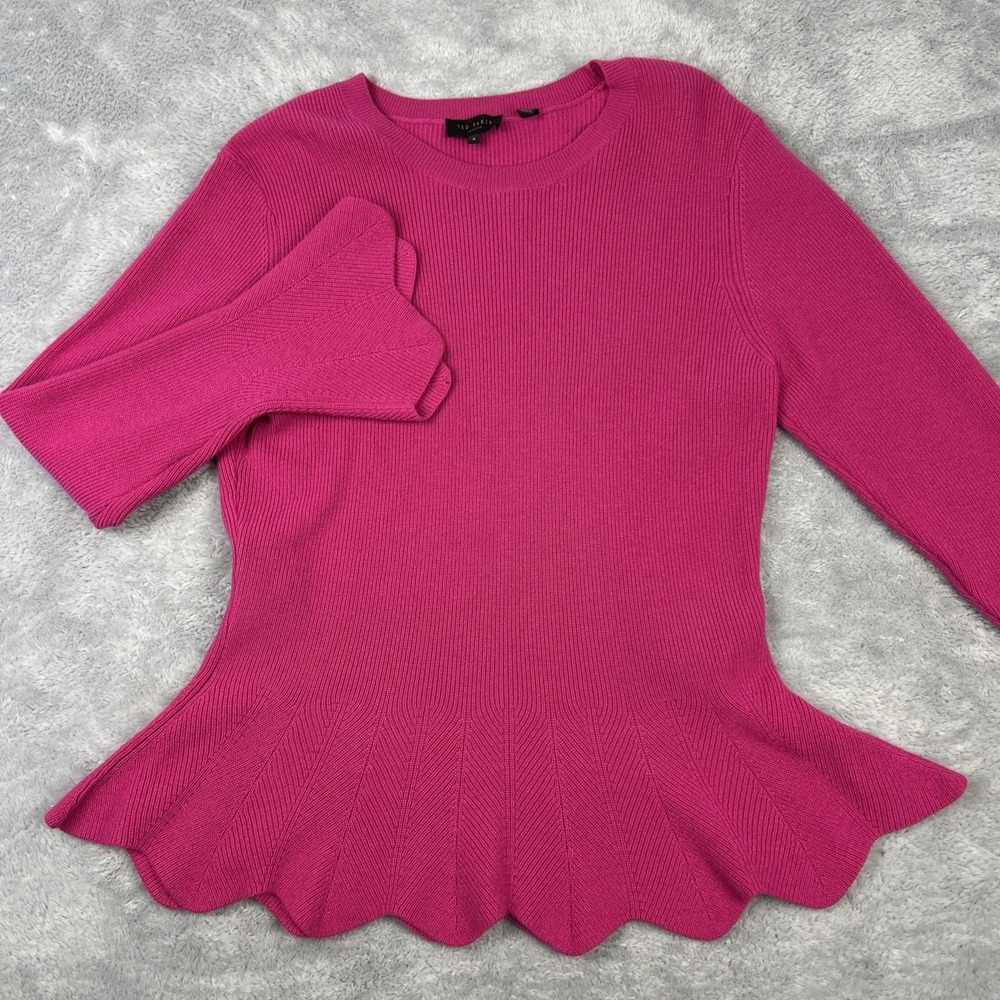 Ted Baker Emilie Dramatic Bell Sleeve Sweater Top‎ Magenta Crew Neck Peplum Sz 4